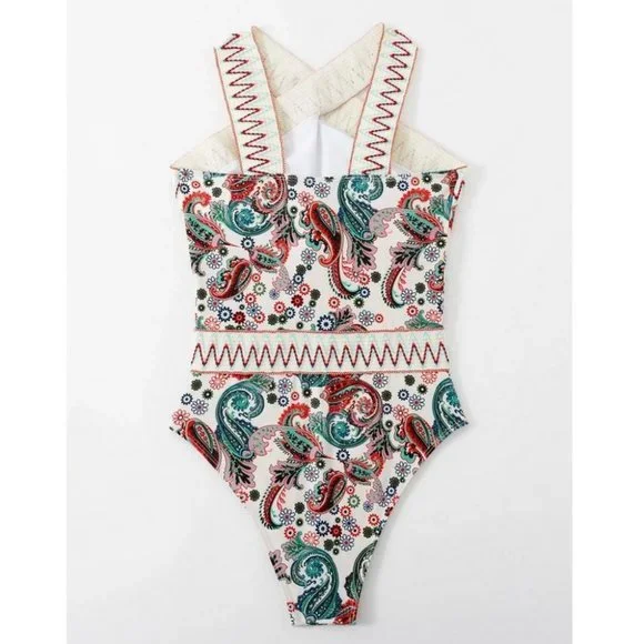 Boho Paisley Chevron Stripe Tape High Neck One Piece Swimsuit - Picture 3 of 8